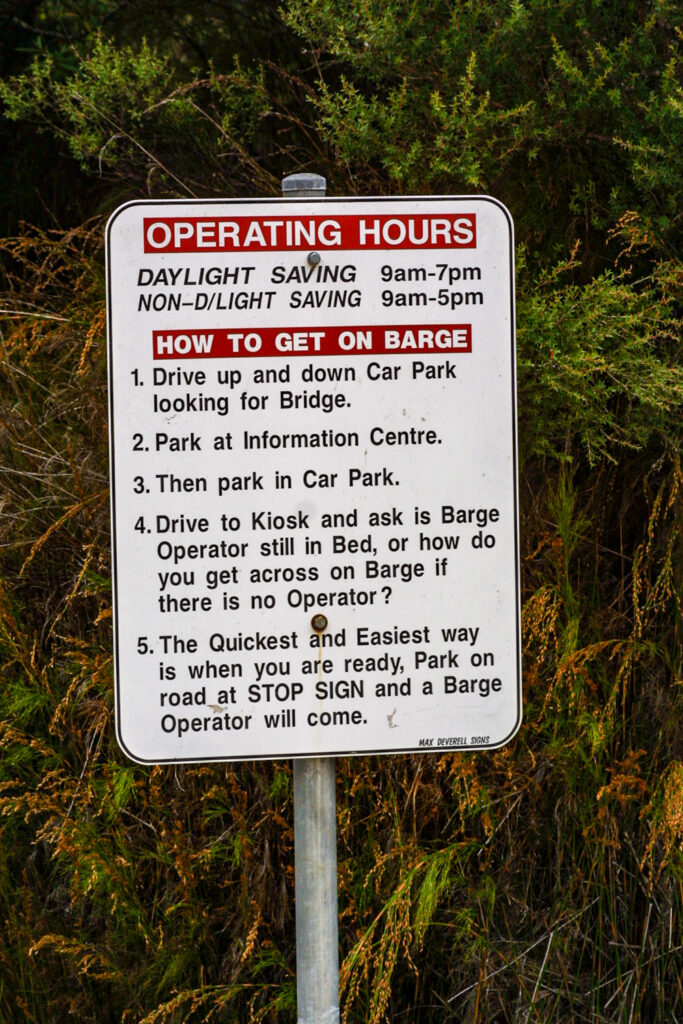 Ferry sign for barge at Corinna on Pieman River