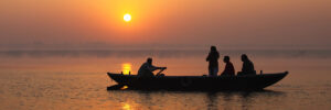 A boat on the Ganges River in Varanassi at sunrise