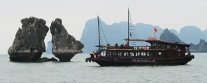 Commonly known as "the chickens" these two towering limestone rock formations are amongst the many in Halong Bay, Vietnam