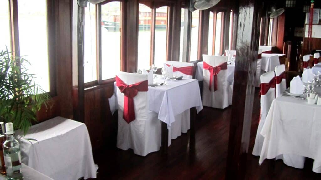 Fine dining aboard the junk with most meals a three or four course of delicious asian food.