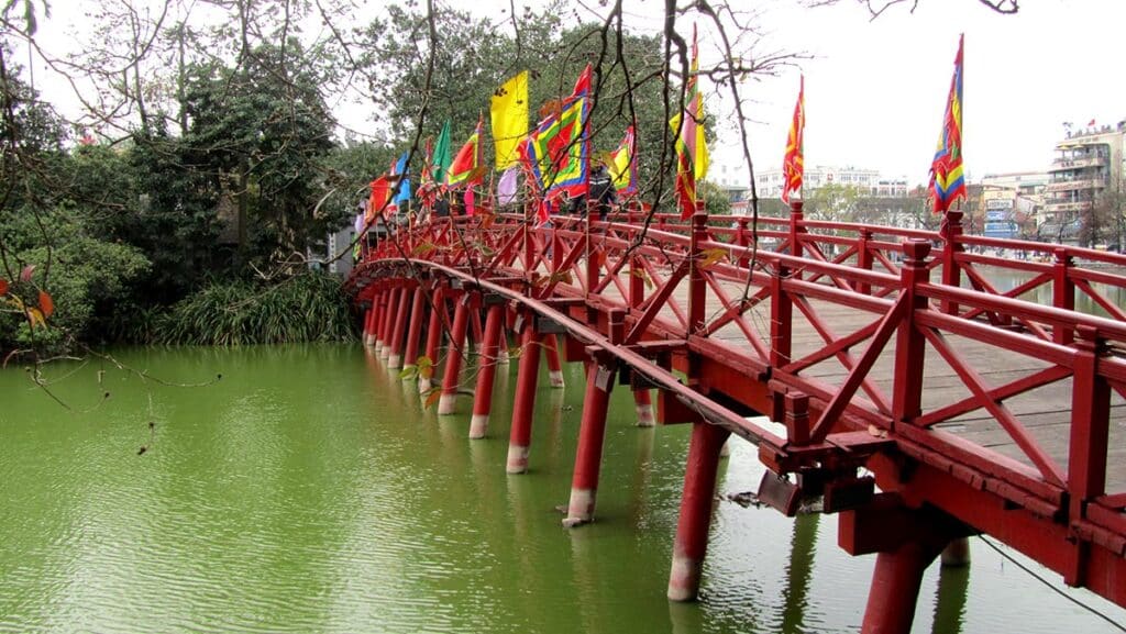 The Huc Bridge leads you over Hoan Kiem Lake to the Ngoc Son temple
