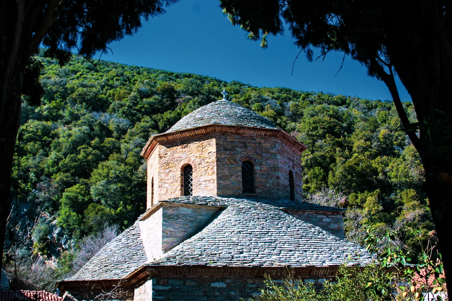 The Evangelistria Monastery where the blue and white Greek flag was first flown.was
